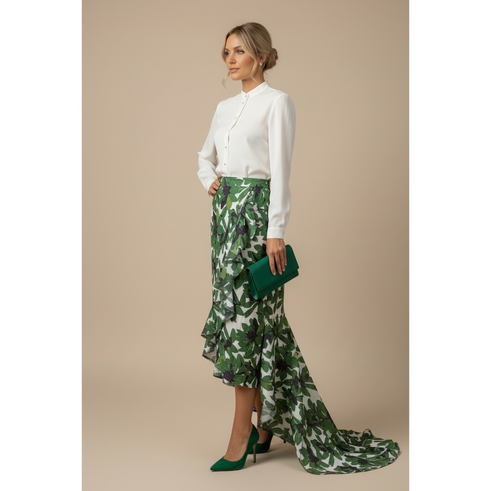 L'atiste Green Floral‎ Size Small High-Low Ruffle Maxi Skirt Green White